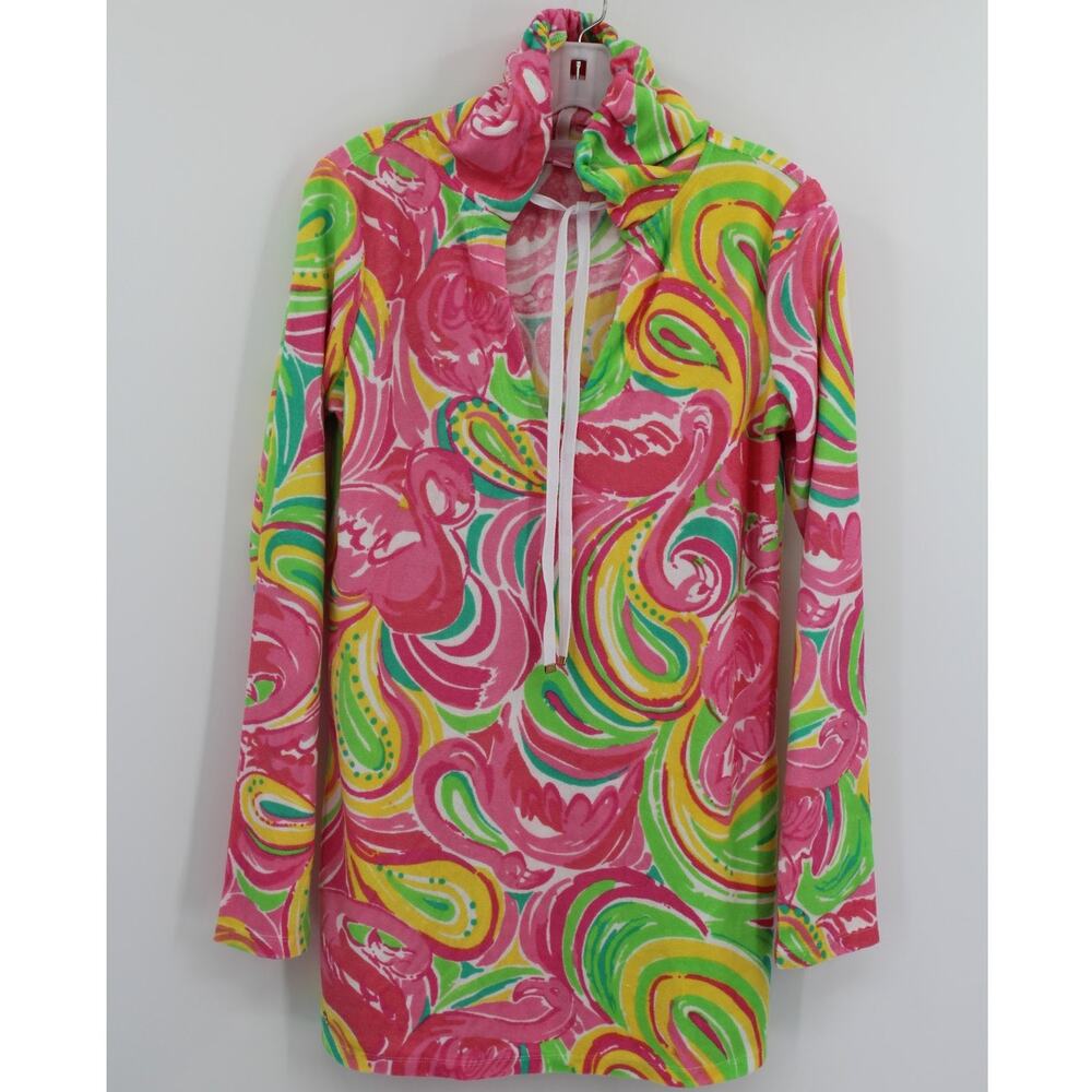 LILLY PULITZER Cover Up Megan Hooded Tunic Terrycloth Swim Pink Flamingos Small